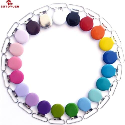 Free Shipping 50 pcs Sutoyuen 1'' 25mm 21 Colors Round Pacifier Clips / Garment Enamel Metal Suspender Clips Baby Dummy Holder