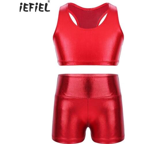 Kids Girls Shiny Metallic Dance Outfits Sleeveless Racer Back Crop Top High Waist Shorts for Sports Gymnastic Workout Costumes