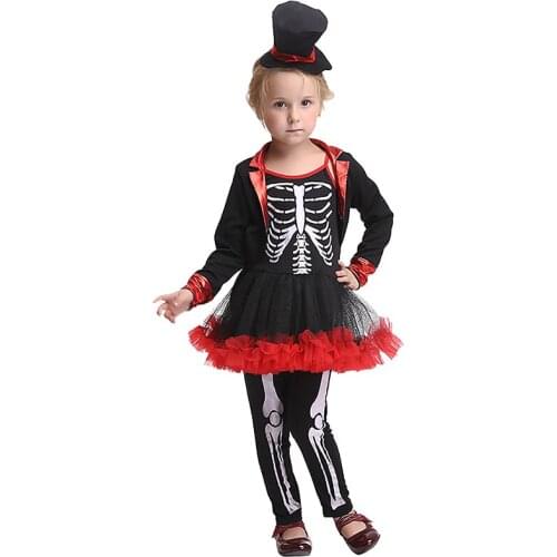 Kids Girls Halloween Scary Skeleton Bone Print Witch Costume Child Baby 4 Piece Set Tutu Dress+Long Pants+Coats+Hat Fancy Outfit