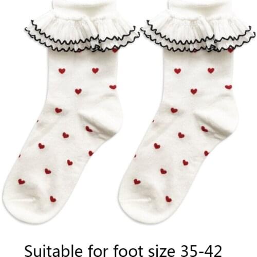 K3NF Women Sweet Double Layer Ruffle Frilly Short Socks Japanese Lolita Kawaii Little Heart Print Princess Cotton Hosiery