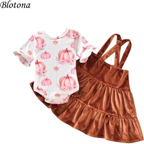 Blotona 2Pcs Baby Girls Outfit, Summer Pumpkin Floral Printing Flared Short Sleeve O-Neck Romper +Suspender Skirt Set 0-24Months