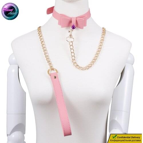 Leather Pink Bow BDSM Leash Collar with Bell Bandage SM Game Play Slave Choker Device Sex Toys for Women Lesbian Gay Men Couples