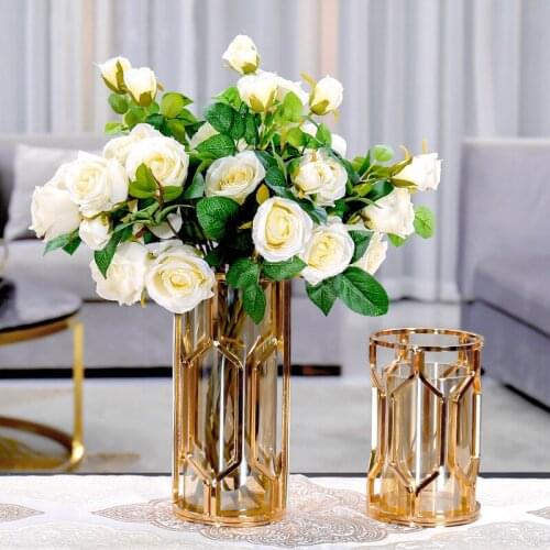Creative Glass Candle Holder Iron Vase Metal Gold Candlestick Living Room Flower Table Wedding Centerpieces Geometric Home Decor