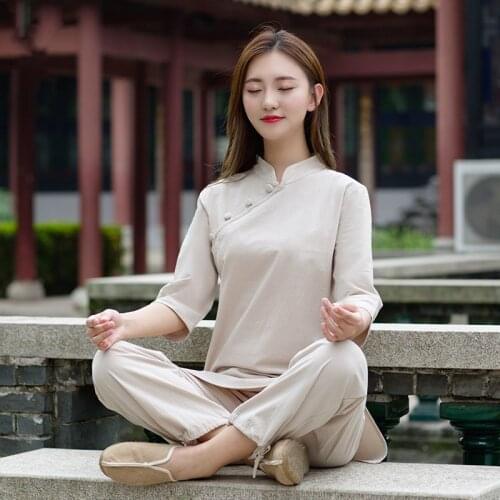 Meditation Kungfu Tai Chi Uniform Women Yoga Set Cotton Linen Loose Casual Fitness Outfit Workout Set Activewear Sweatshirt+pant
