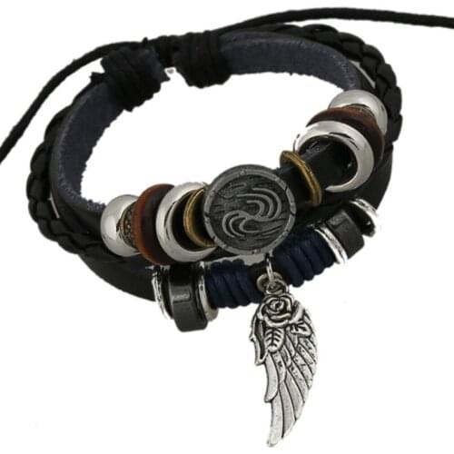 Punk Rock Fashion Black Wing Bracelet Casual Alloy Bead Charm Vintage Leather Bangle Wrap Wristband Retro Men Women Jewelry Gift