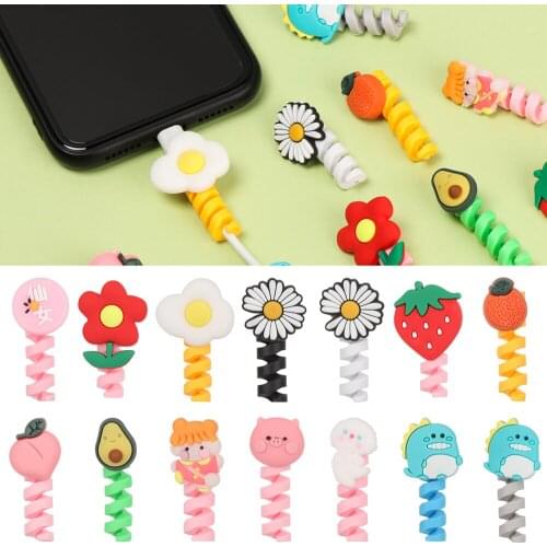 Cartoon Soft Flowers Strawberry Fruit Cable Bite Data Line Protector Silicone Winder Cover Tube Cable Charging Protective Case