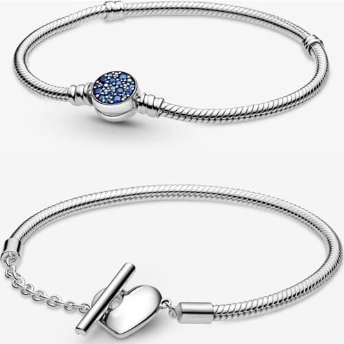2021 New 925 Sterling Silver pan Bracelet Heart T-bar Snake Chain Sparkling Blue Disc Snake Chain Bracelet Women Jewelry