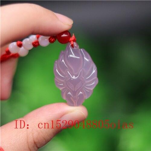 Natural Pink Chinese Jade Nine-tailed Fox Pendant Agate Necklace Fashion Charm Jewelry Carved Amulet Gifts for Women Men