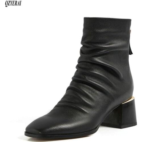 QZYERAI Ankle boots Autumn and winter Genuine leather fashion Female boots High heels Womens boots Womens shoes Size 34-40