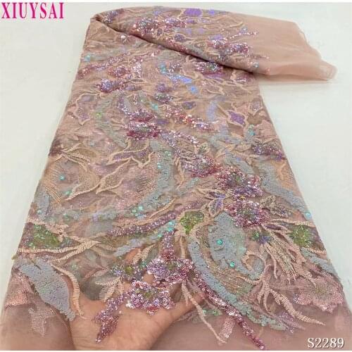 XIUYSAI Pink Nigerian Mesh Net Lace Fabric African Sequins Lace Fabric High Quality French Mesh Tulle Lace Fabric with Sequins