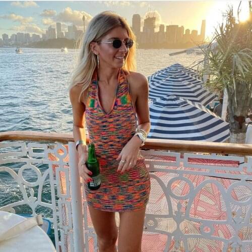Chic Summer Womens Dress 2021 Knitted Sleeveless Halter Mini Dresses Sexy Backless Bodycon Dress Fashion Beach Sundresses