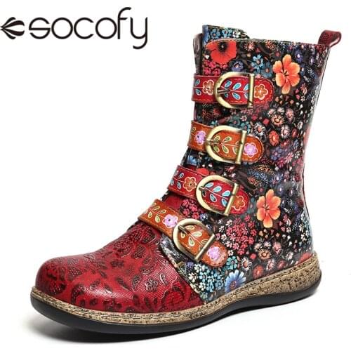 Socofy Women Boots Retro Printed Metal Buckle Genuine Leather Zipper Ankle Boots Ladies Shoes Women Botines Mujer 2020 Winter