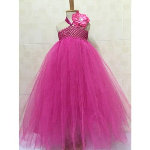 Girls Hot Pink Long Tutu Dress Kids Handmade Crochet Tulle Tutus Ball Gown with 4" Peony Flower Headband Children Party Dresses