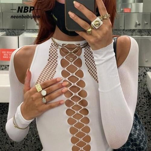 NEONBABIPINK Cyber Y2k Tshirt for Women Sexy Streetwear Black White Hollow Out Cold Shoulder Long Sleeve Crop Tops 2021 N70-BD18