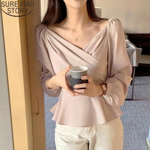 New Blouse Spring Long Sleeve Korean Chic Fashion Cross V-neck Gentle Office Ladies Tops Ruffles Women Shirts Blouses 14783