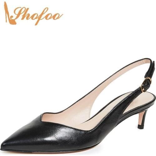Black Ladies Office Career Shoes Kitten Heels Slingbacks Pumps Woman Pointed Toe Buckle Strap Mature Fashion Large Size 33 36