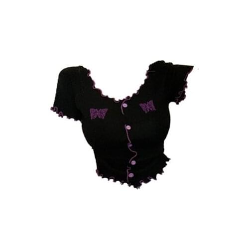New Summer Gothic Black Butterfly Embroidery Knitted Cardigan Women Harajuku V-Neck Short Sleeve Fashion Female Casual T-shirts