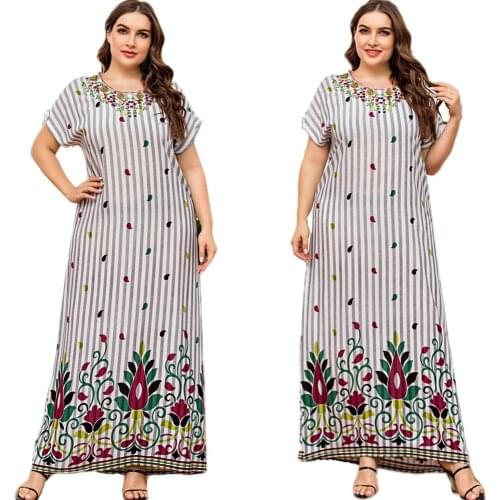 Plus Size 4XL Kaftan Women Short Sleeve Maxi Dress Floral Print Long Jilbab Party Gown Robe Dubai Abaya Turkish Abayas Morocco
