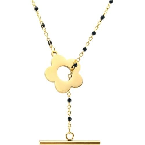 Gold Flower Necklace for Women Choker T Buckle black ball Cable Chain Toggle Lock Collar Stainless Steel Jewelry Party Charm