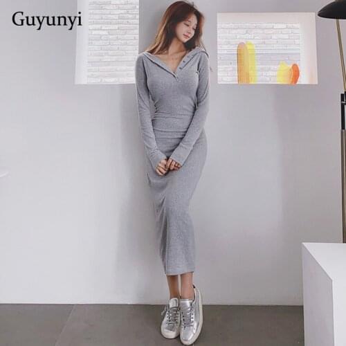 Grey Knitted Hooded Dress 2021 Autumn Warm Hedging High Waist Tight Long Sleeve Back Hem Slit High Street Dress Women
