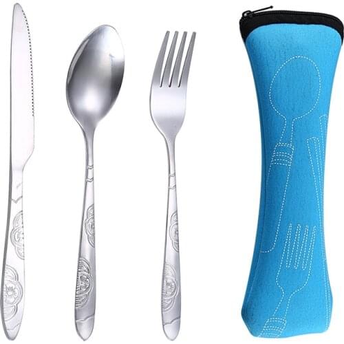 3pcs/set Dinnerware Portable Printed Stainless Steel Spoon Fork Steak Knife Set Travel Cutlery Tableware with Bag