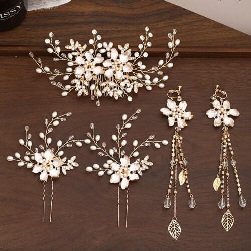 4 Pcs Sets Pearls Wedding Party Women Hair Combs Pins With Clip Earrings Crystal Flower Headpiece Hair Accessories Hairband