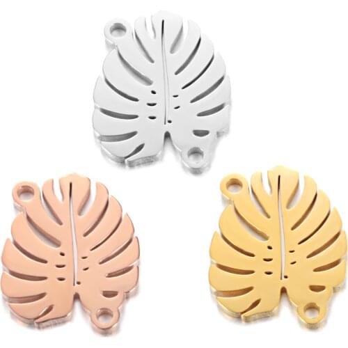 5pcs/lot Stainless Steel Mirror Polished Leaf Charms 1.3mm Hole Double hole DIY accessories connector