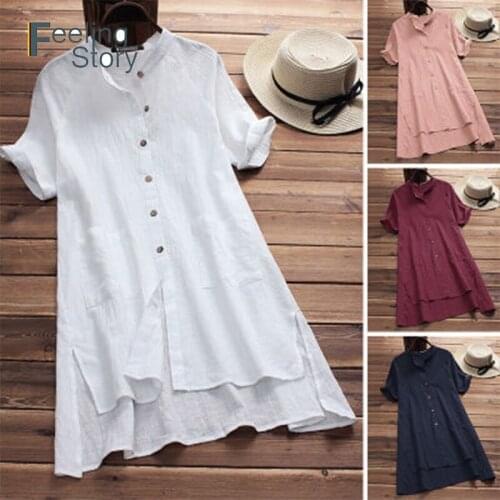 5X Big Size Dresses Summer 2020 Cotton Linen Shirt Women Button Up Long Womens Tunic Blouse Loose Short Sleeve Solid Irregular