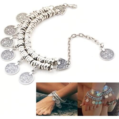 Anklet Vintage Women Barefoot Jewelry Antique Silver Plated Coin Charming