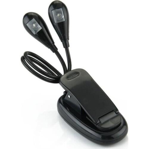 Black Music Stand Clip On Orchestra Duet Dual Arm 2 White LED Book Light Lamp