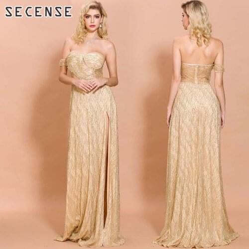 Womens Maxi Dresses Tube Top Mesh Sequinned Party Evening Long Dress Sexy Backless Off Shoulder High Split Floor-Length SECENSE