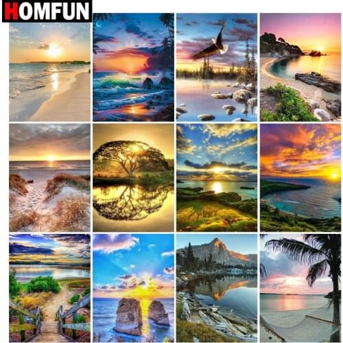 HOMFUN Square Round Drill 5D Diamond Painting Environmental Crafts Full Diamond Embroidery "Dusk seascape beach" Home decor
