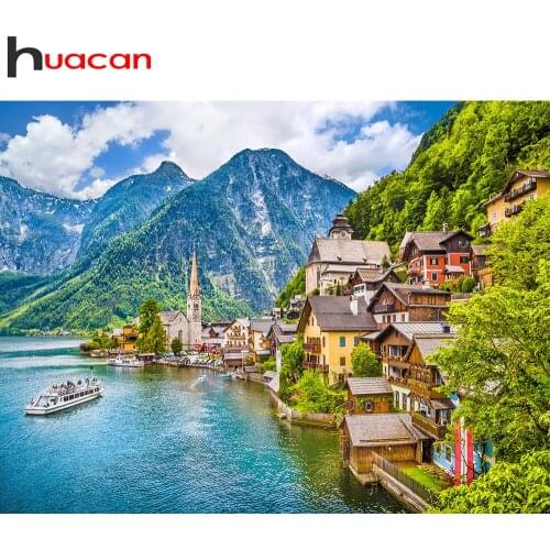 Huacan 5d Diy Diamond Painting Seaside Town Scenery Full Square/round Mosaic Embroidery Mountain Natural Landscape Diamond Art