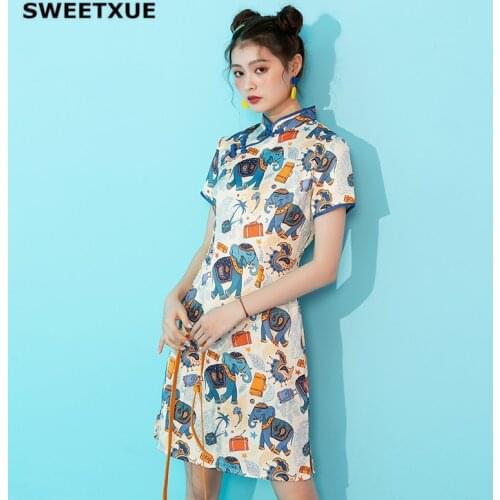 SWEETXUE Literary Cartoon Retro Young Cheongsam Modified Mini Dress 2019 Summer Elephant Print Short Sleeve Split Youth Dresses