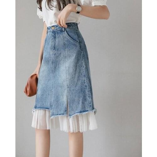 2020 Fashion Woman Skirts Slim High Waist Denim Skirt Women Gauze splice Casual Denim Skirt Summer New All-match Hips Skirt