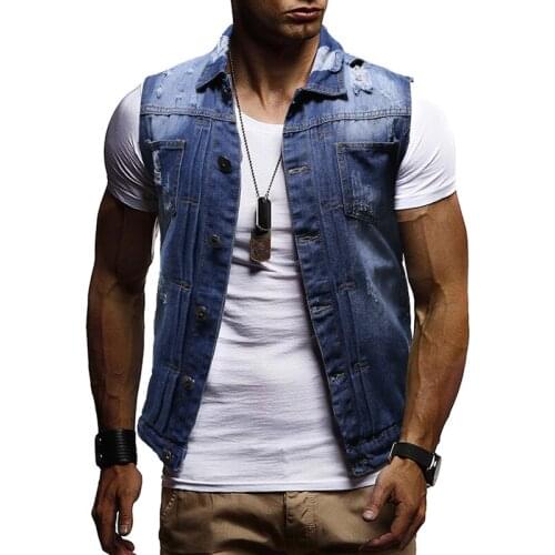 2019 New Fashion Men Casual Wash Denim Holes Jacket Fashion Slim Fit Ripped Coat Sleeveless Vest 3 Colors
