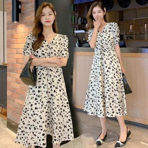 New Summer Maternity Floral Chiffon Nursing Dress Puff Sleeve V-Neck Postpartum Woman Lactation Clothes Breastfeeding Dress