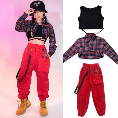 New Girls' Hip Hop Dance Clothes Plaid Crop Shirts Red Pants Street Dance Jazz Hip Hop Performance Outfit Kids Stage Wear BL5986