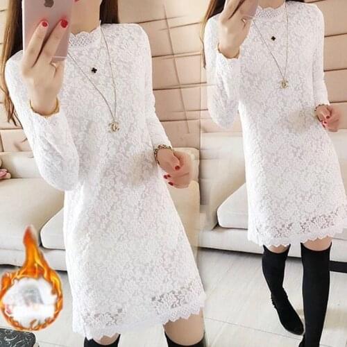 2021 Autumn Winter Female Vintage Turtleneck Dress Hollow Embroidered Lace Dresses Plus Size Women Clothing Vestidos Y556