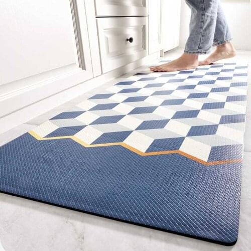 PVC Kitchen Carpet Waterproof Oilproof PU Leather Kitchen Mat Plaid Blue Gray Non Slip Floor Mat for Living Room Bedroom Doormat