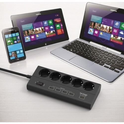 5 EU Plug Outlets 4 USB Ports Wall Socket Power Strip 250V 16A Extension Outlets Switch Mains Lead Plug Strip Adapter