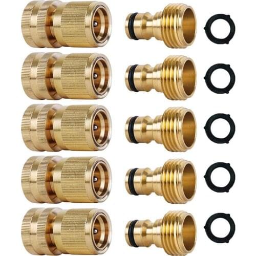 Garden Hose Quick Connectors Solid Brass 3/4 Inch GHT Thread Easy Connect Fittings No-Leak Water Hose Male Female Value 5 Pack