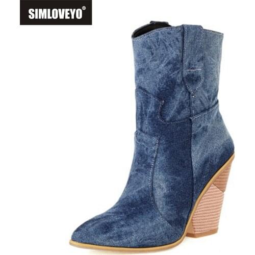 SIMLOVEYO 2021 Designer Denim Winter Warm Fur Western Ankle Boots for Women Wedge Heel Pointed Toe Slip On Big Size US17 S2449