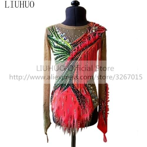 LIUHUO Womens Girls' performance Rhythmic gymnastics competition Leotard Artistic Costume Ice Skating Dress Long sleeve Dance