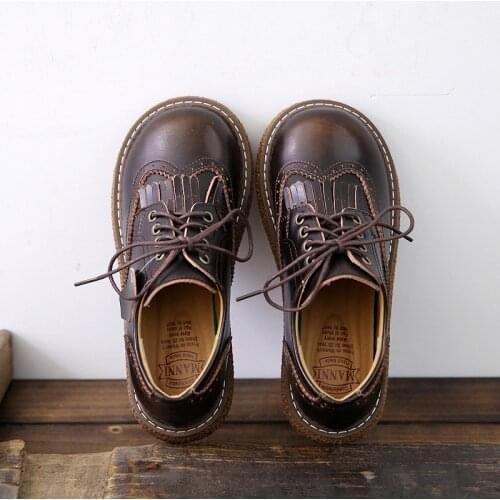 Retro Lace-Up Thick-Sole Womens Shoes Handmade Big Head Doll Shoes Genuine Leather Tassel Mori Girl Literary Flats Casual Shoes