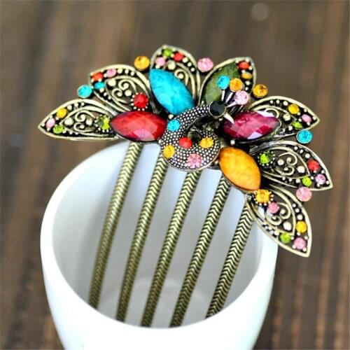 High Quality Colorful Peacock Hair Combs Vintage Hair Jewelry Gold Metal Hairpin Resin Hair Clips Wedding Hair Accessories Gifts