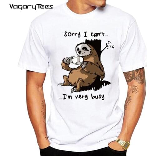 VagaryTees 2020 Funny busy Sloth Drink coffee Men T-Shirt Hipster Very busy Design Short Sleeve Tops Geek Style Mens Tee Shirts