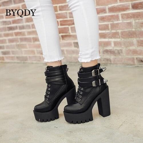 BYQDY Square Heels Women Platform Boots Black Buckle Lacing Zipper Creeper Wedges Heels Gothic Shoes Punk Motorcycle Footwear 42