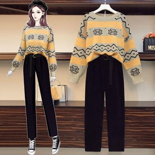 Two-piece Large Size Womens Casual Fashion Suit 100kg Loose Wild Knitted Sweater and Straight Pants Are Thin Two-piece Suit