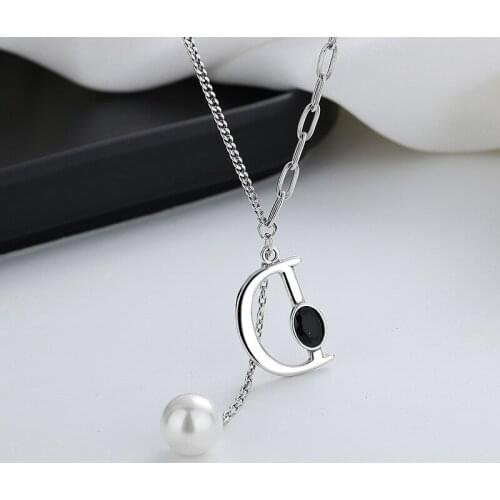 S925 Sterling Silver Stitching Letter D Pearl Tassel Necklace Retro Sterling Silver Clavicle Chain Female Anniversary Party Gift